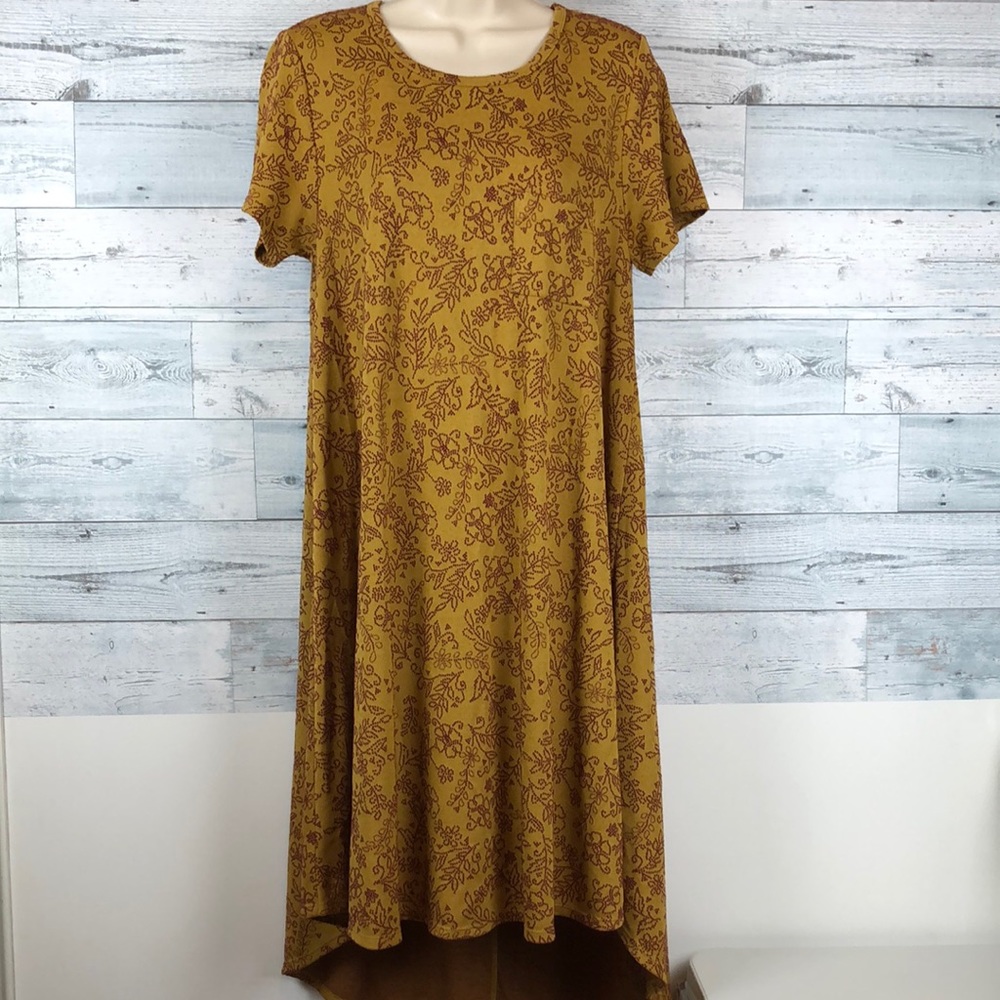 LuLaRoe Women’s Size S Hi-low Hem Short Sleeve Dress Gold Maroon Front P…